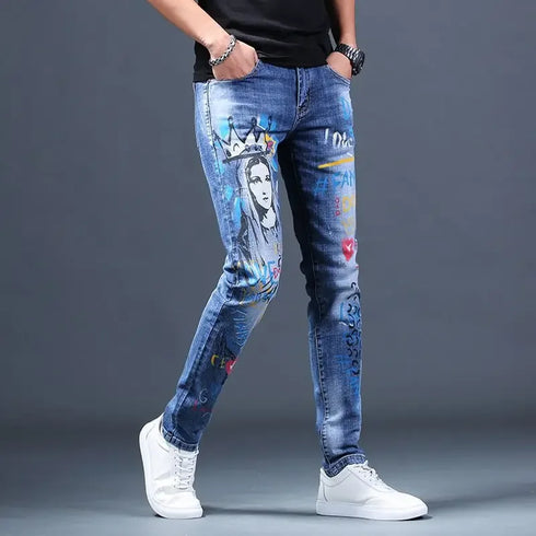 Slim Fit Korean Streetwear Graphical Printed Luxury Hip-Hop Stretch Denim Jeans for Men - Perfect Medium Wash Jeans Outfit